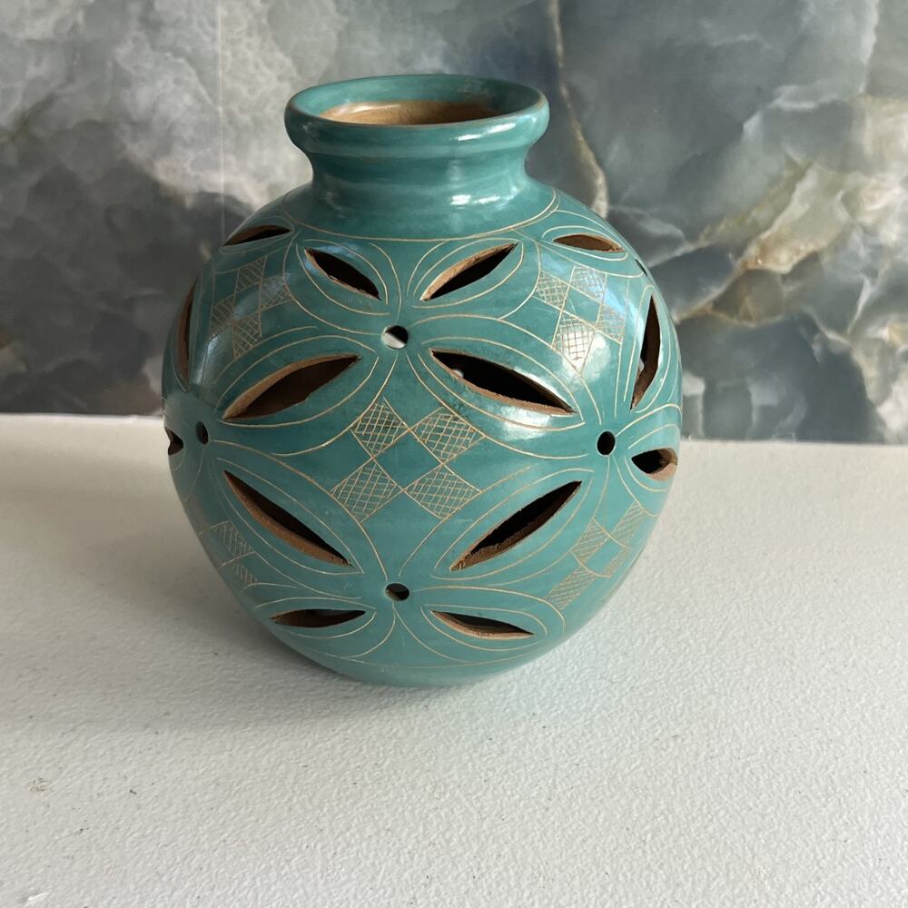 Artisan Tea Light Cover Pottery 5.75" Turquoise Floral Cut Out Hand Carved